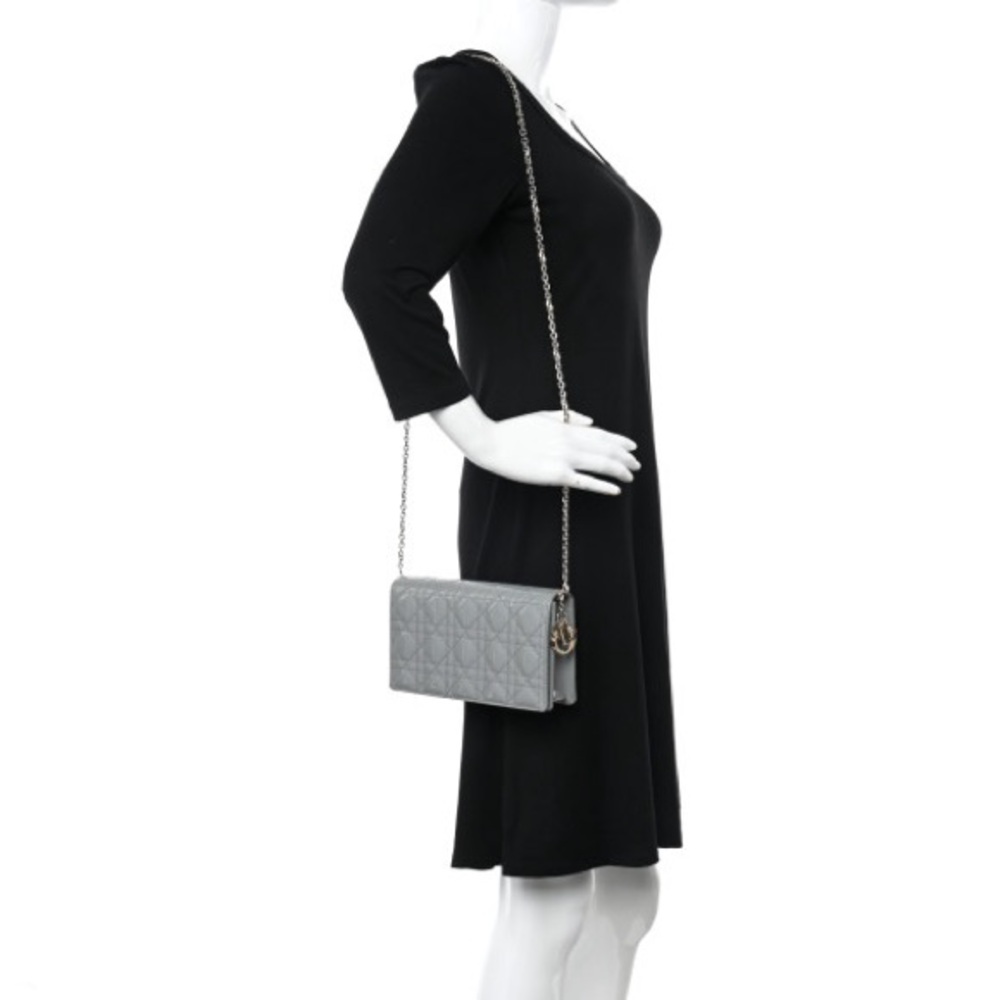 CHRISTIAN DIOR Patent Cannage Lady Dior Convertible Clutch Grey, New With Tags